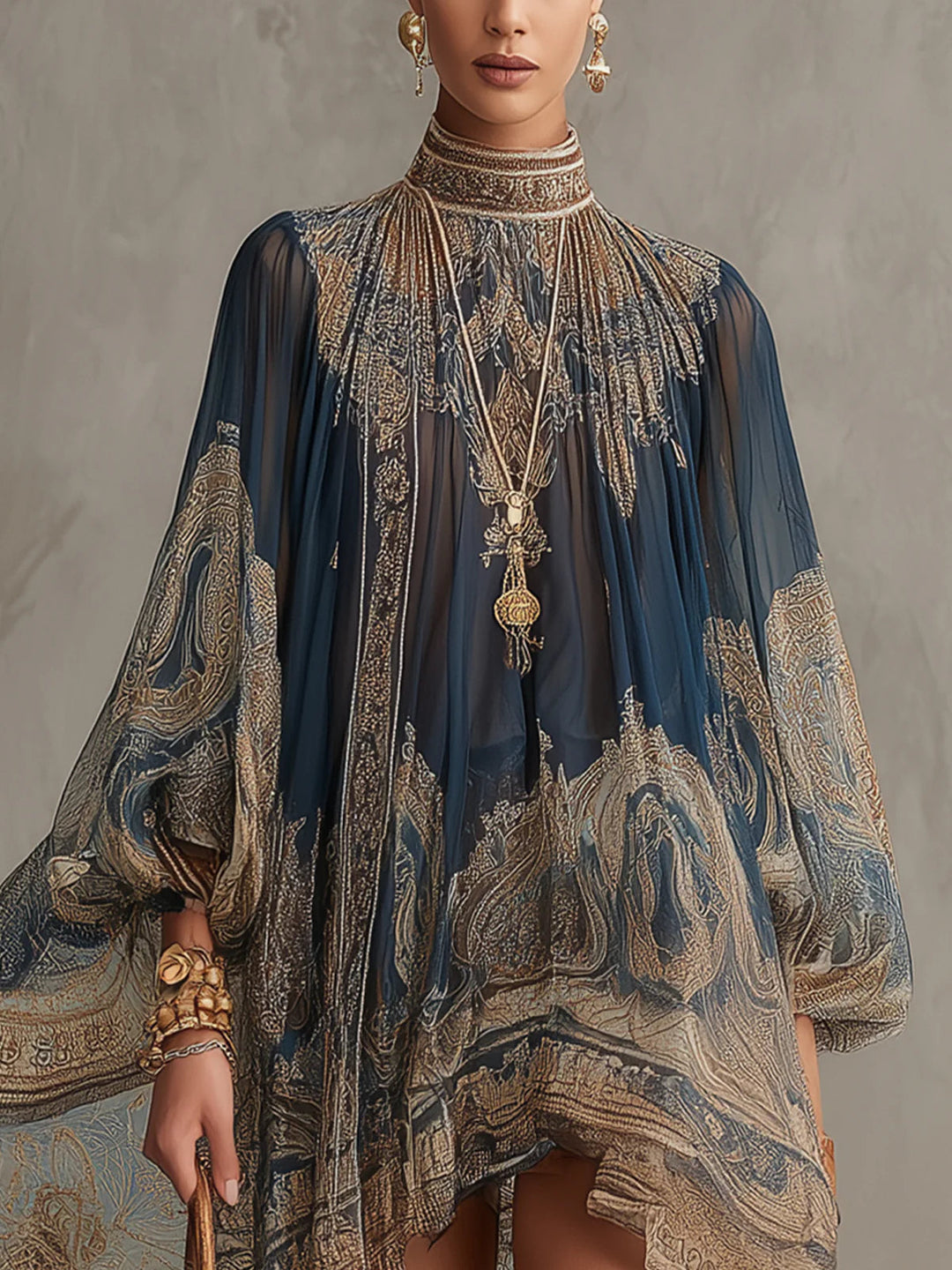 Marianna - Mini robe en mousseline bleu marine à imprimé baroque doré
