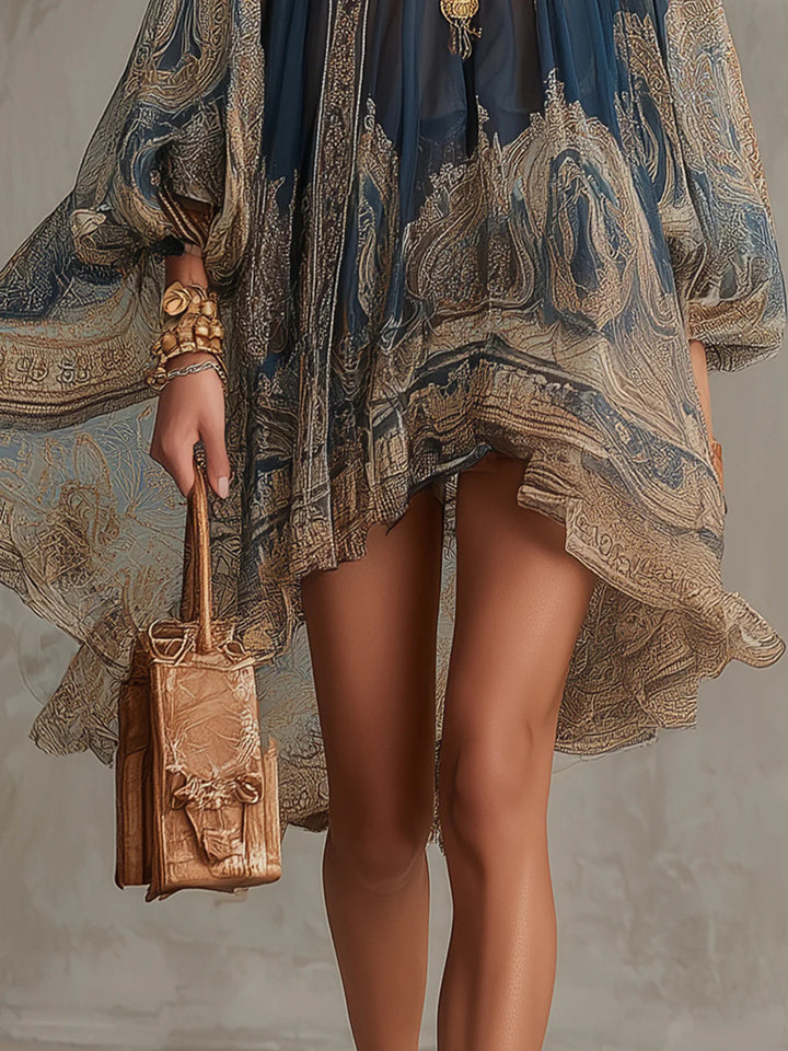 Marianna - Mini robe en mousseline bleu marine à imprimé baroque doré