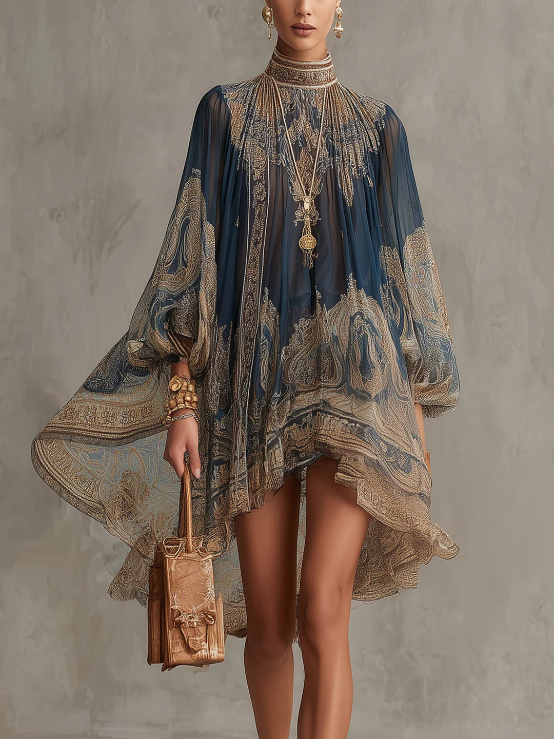 Marianna - Mini robe en mousseline bleu marine à imprimé baroque doré