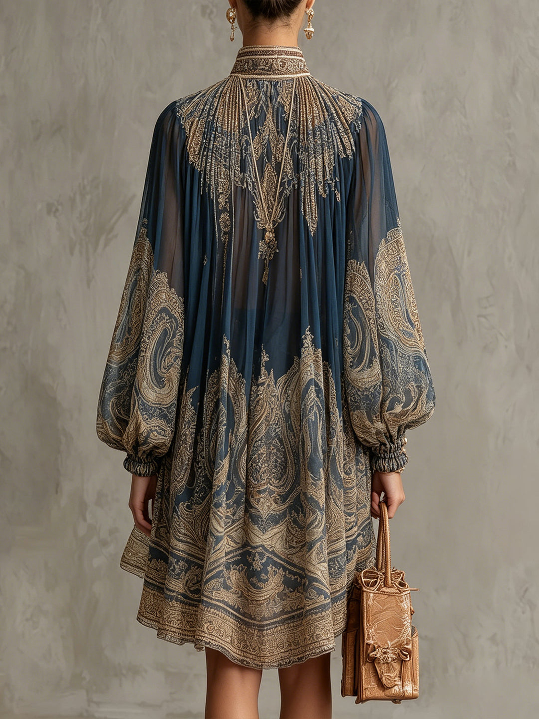Marianna - Mini robe en mousseline bleu marine à imprimé baroque doré