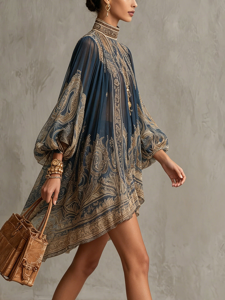 Marianna - Mini robe en mousseline bleu marine à imprimé baroque doré
