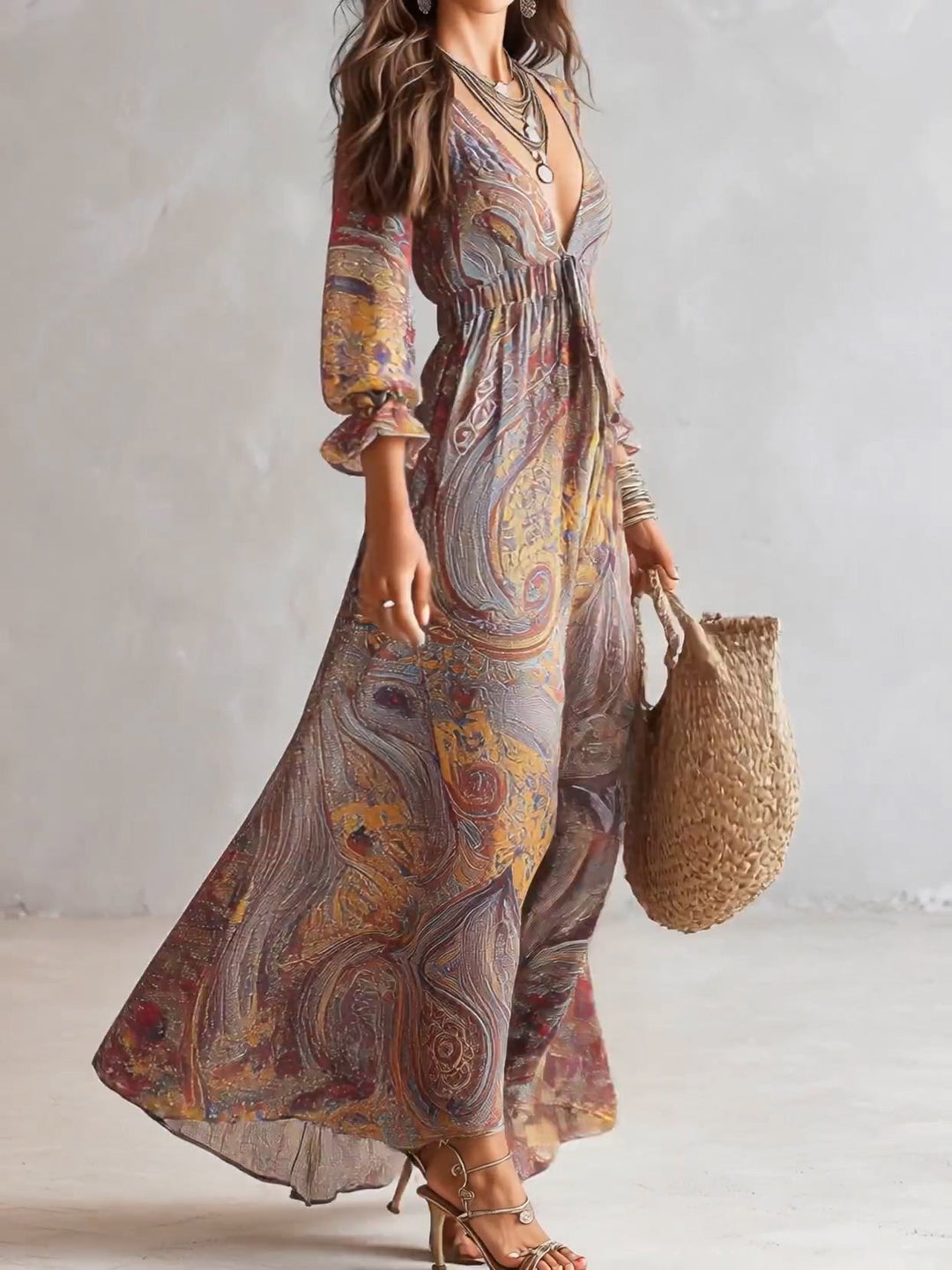 Robe Maxi en Mousseline Imprimé Paisley Col V Froncée
