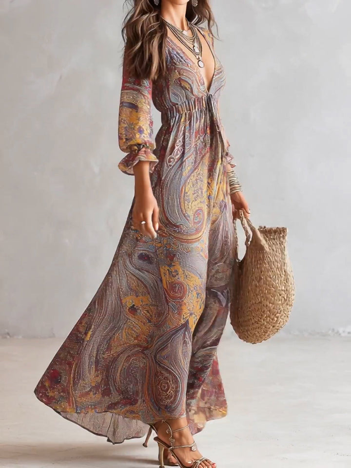 Robe Maxi en Mousseline Imprimé Paisley Col V Froncée