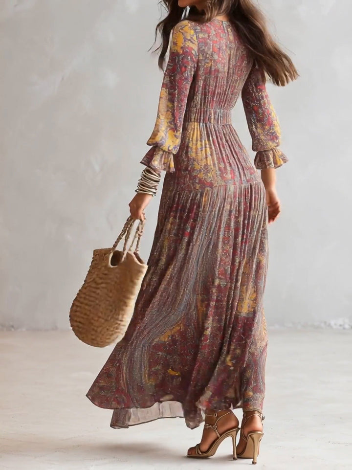 Robe Maxi en Mousseline Imprimé Paisley Col V Froncée