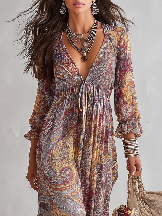 Robe Maxi en Mousseline Imprimé Paisley Col V Froncée