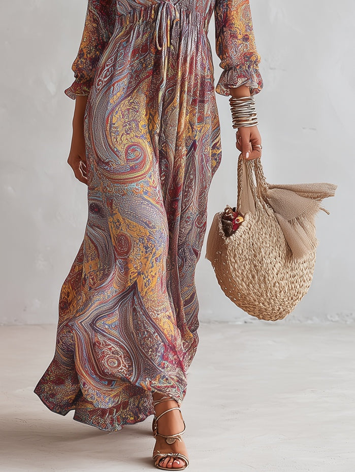 Robe Maxi en Mousseline Imprimé Paisley Col V Froncée