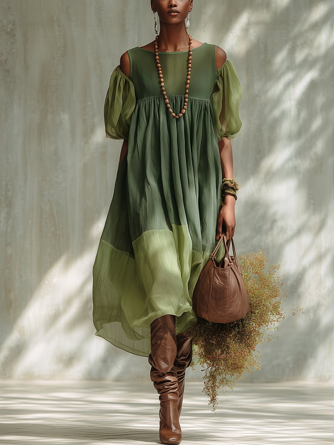 Robe midi en mousseline à épaules dénudées et manches courtes