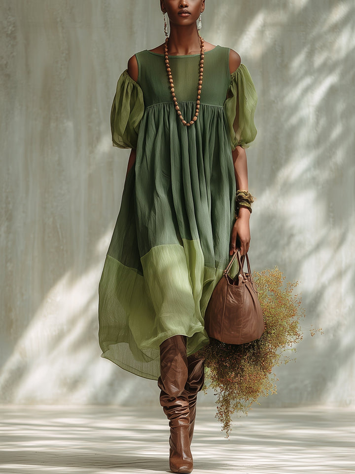 Robe midi en mousseline à épaules dénudées et manches courtes