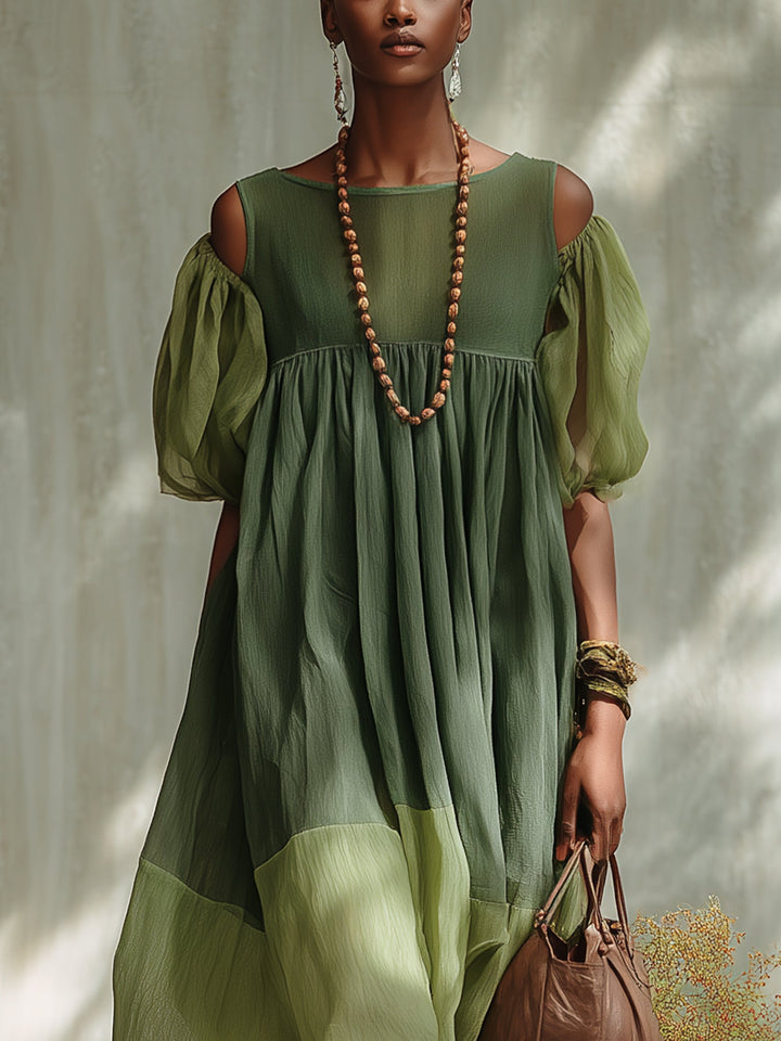 Robe midi en mousseline à épaules dénudées et manches courtes