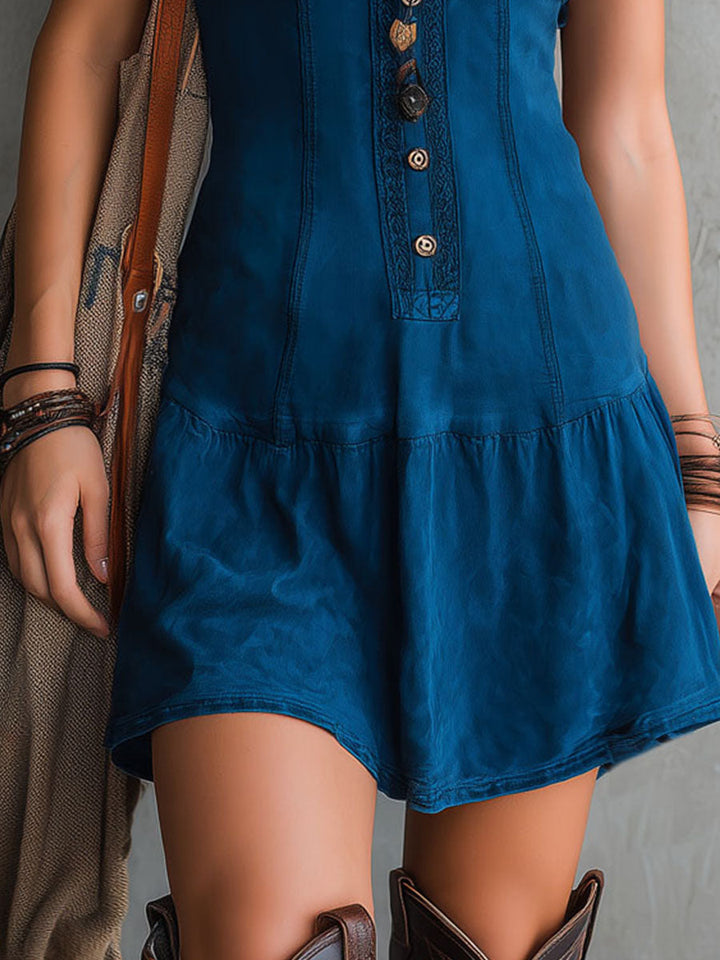 Mini Robe Boho Indigo Col V Boutonnage Avant Sans Manches