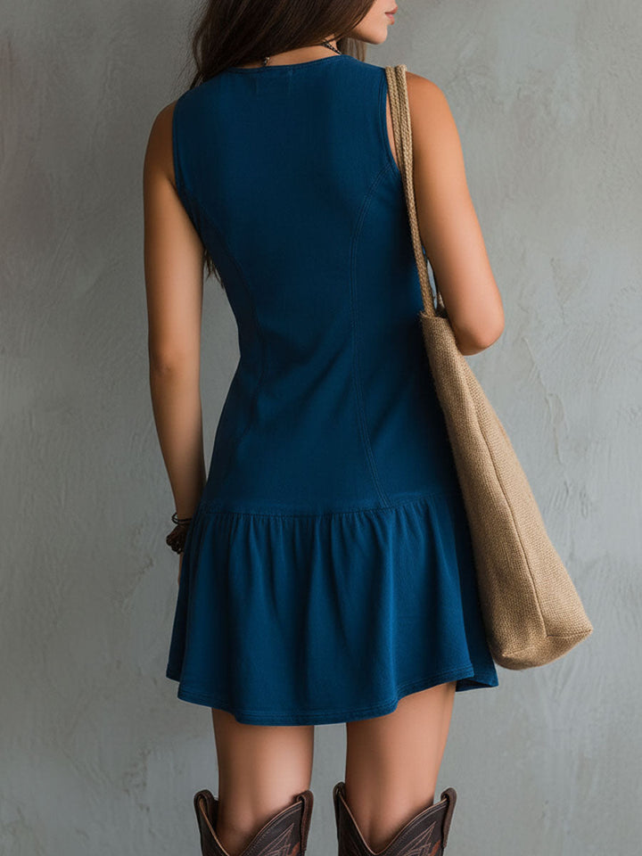 Mini Robe Boho Indigo Col V Boutonnage Avant Sans Manches