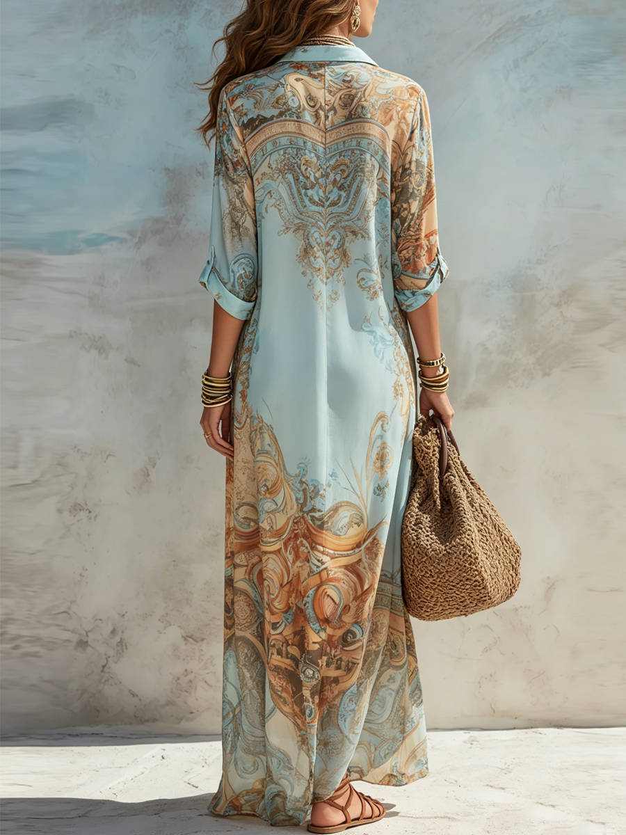 Robe Chemise Maxi Bleue Imprimé Floral Vacances