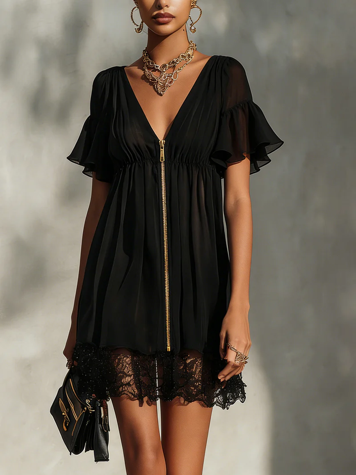 Arabella - Mini robe noire à fermeture éclair frontale, dentelle et manches à volants