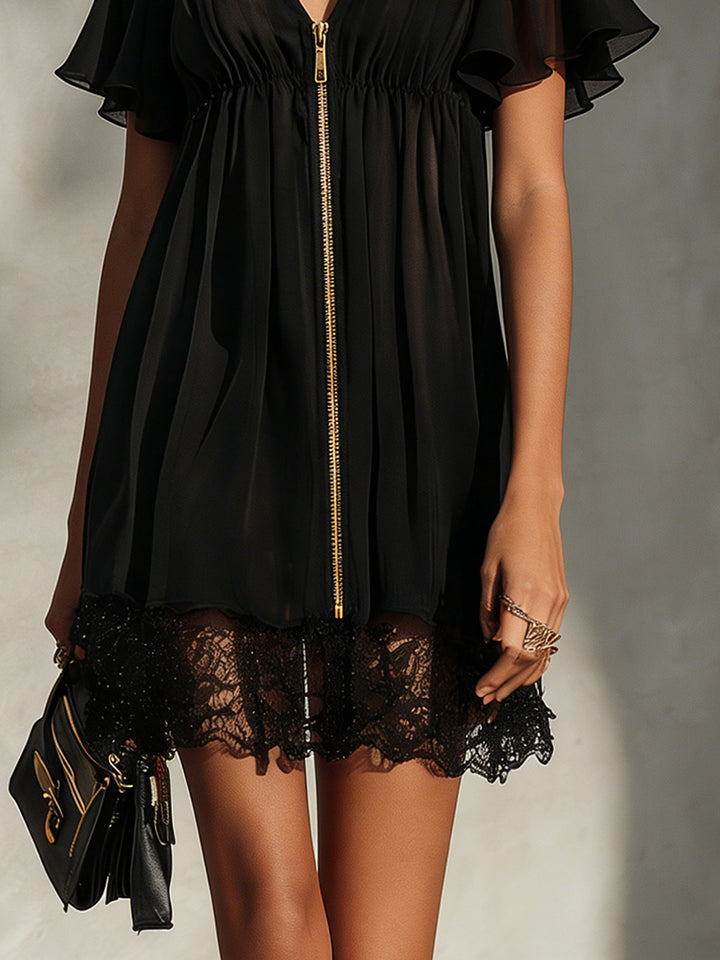 Arabella - Mini robe noire à fermeture éclair frontale, dentelle et manches à volants
