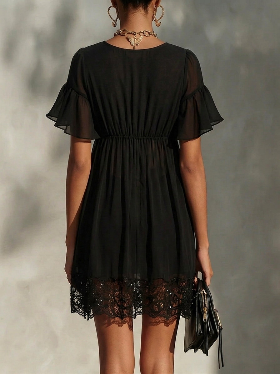Arabella - Mini robe noire à fermeture éclair frontale, dentelle et manches à volants