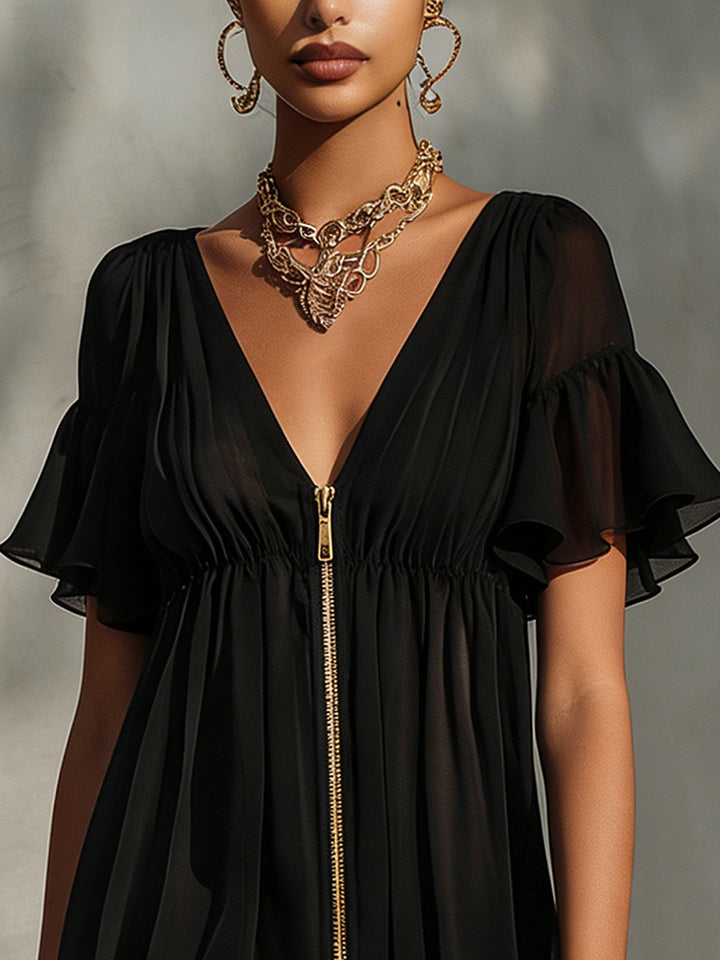 Arabella - Mini robe noire à fermeture éclair frontale, dentelle et manches à volants
