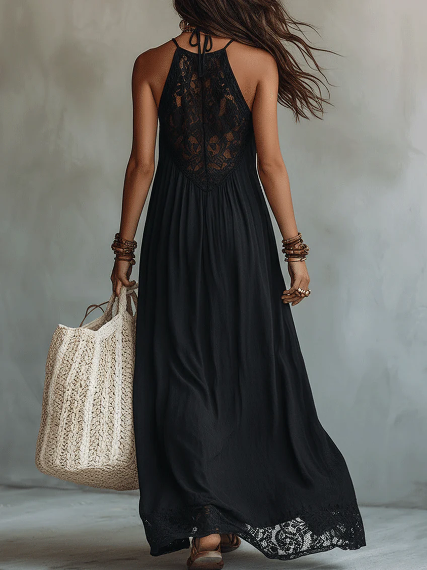 Robe longue bohème noire sans manches à bordure en dentelle