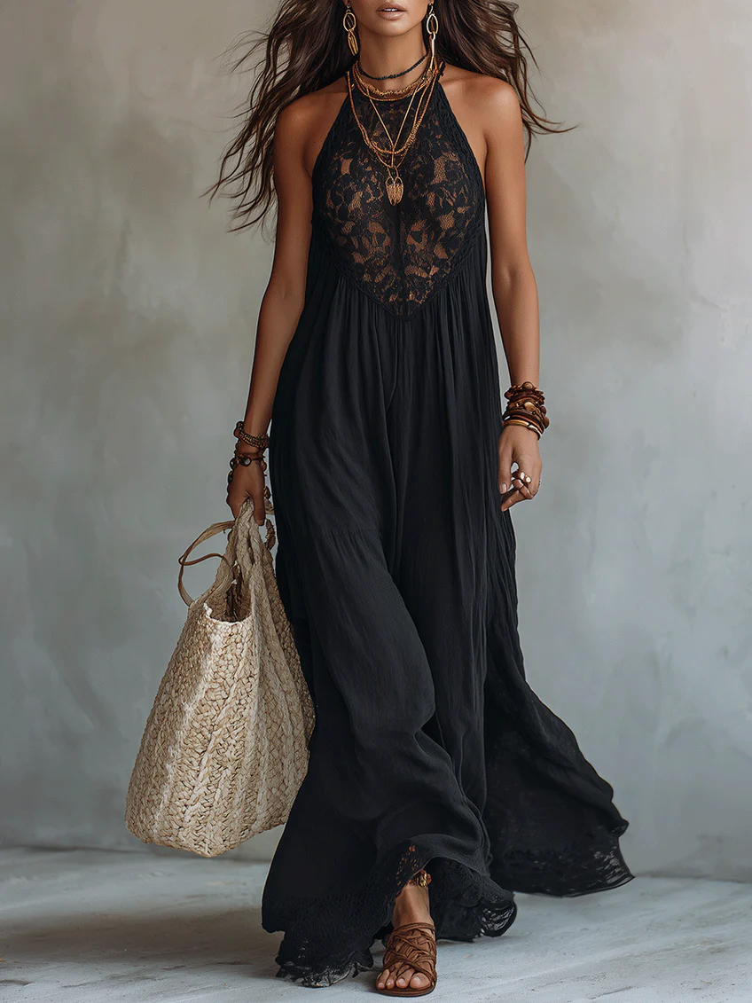 Robe longue bohème noire sans manches à bordure en dentelle