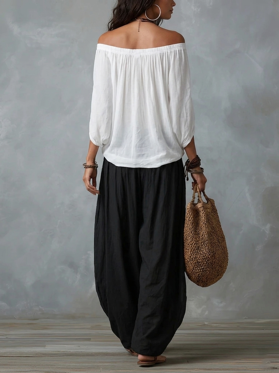 Ensemble haut à épaules dénudées et pantalon ample style lanterne