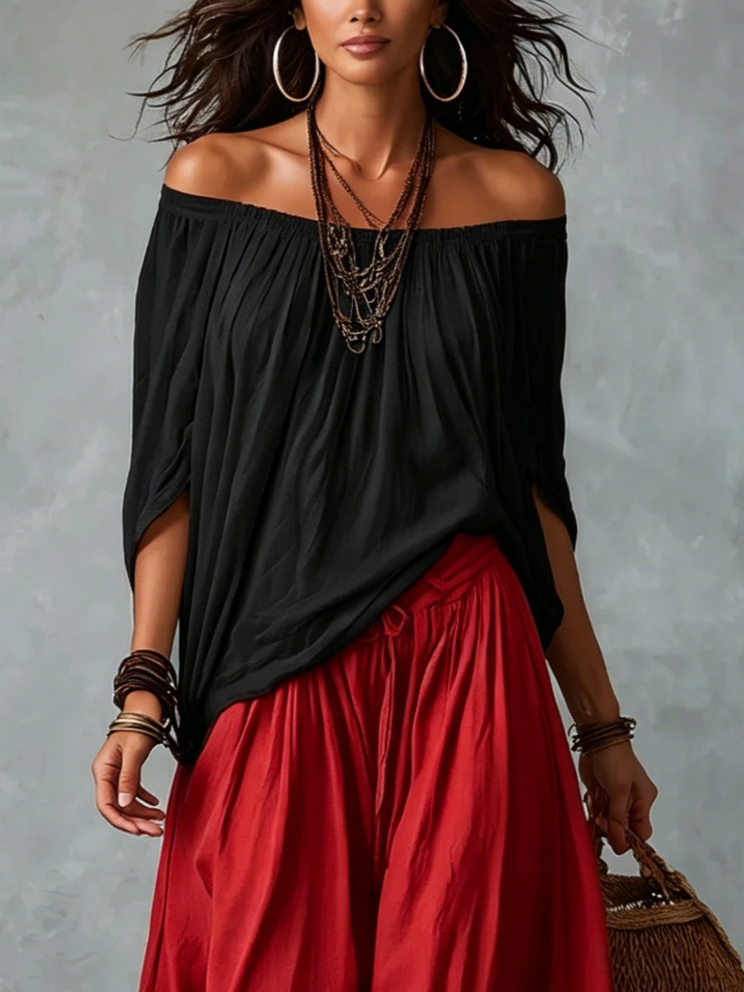Marisol | Ensemble Top Court Épaules Dénudées et Pantalon Lanterne, Mélange Rayon