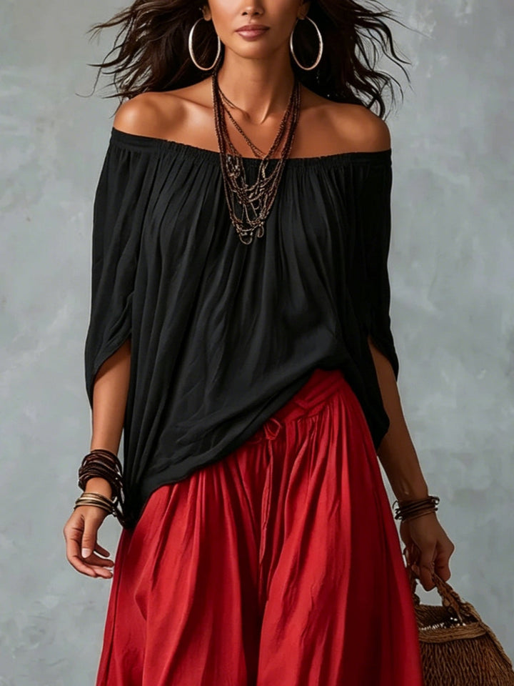 Marisol | Ensemble Top Court Épaules Dénudées et Pantalon Lanterne, Mélange Rayon