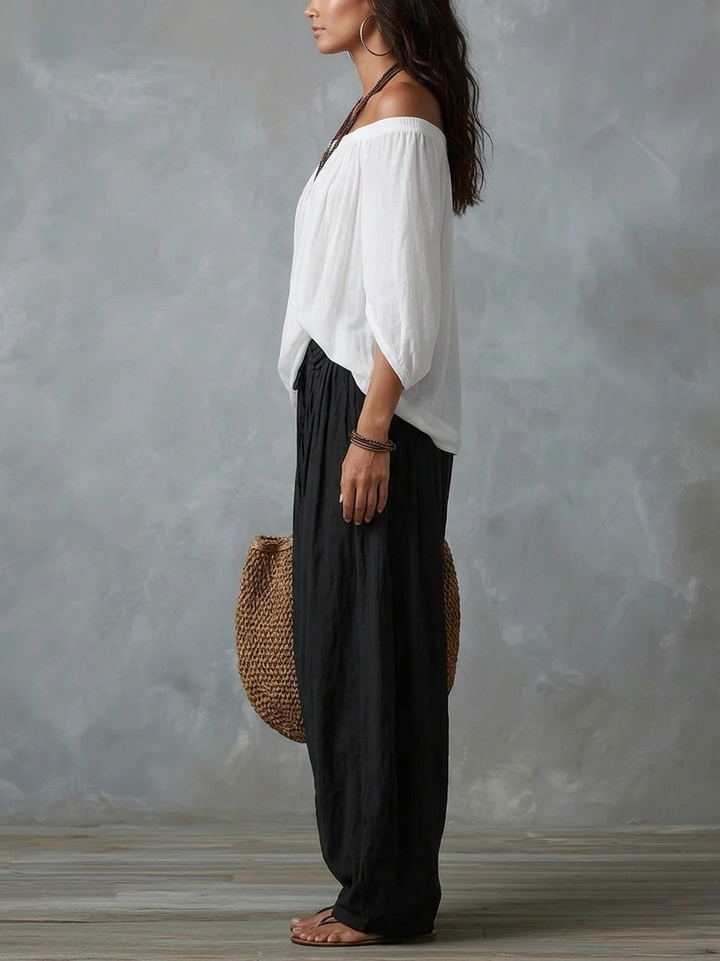 Ensemble haut à épaules dénudées et pantalon ample style lanterne