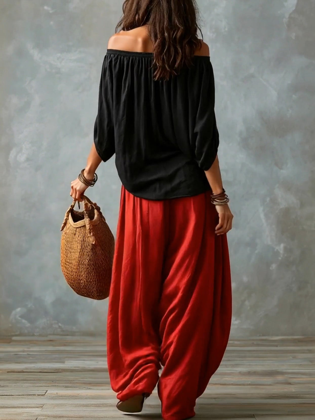 Marisol | Ensemble Top Court Épaules Dénudées et Pantalon Lanterne, Mélange Rayon