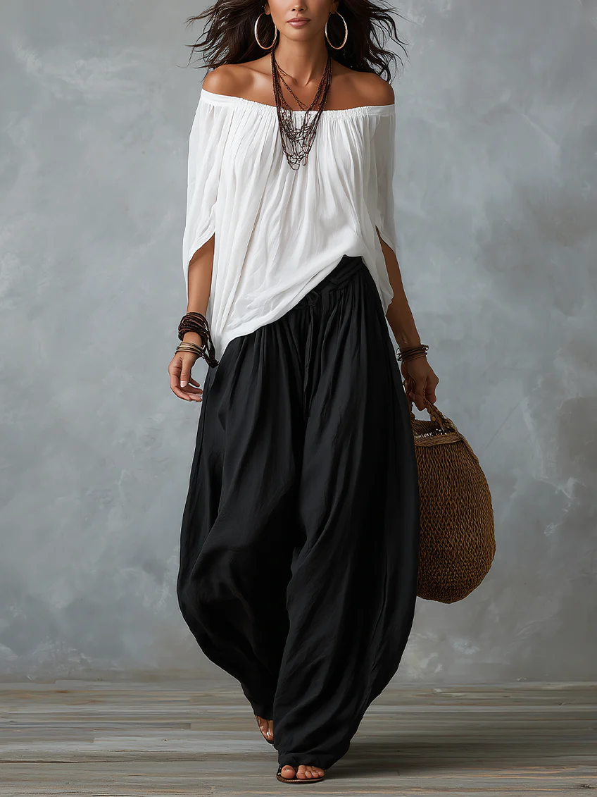 Ensemble haut à épaules dénudées et pantalon ample style lanterne