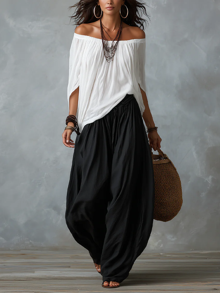 Ensemble haut à épaules dénudées et pantalon ample style lanterne