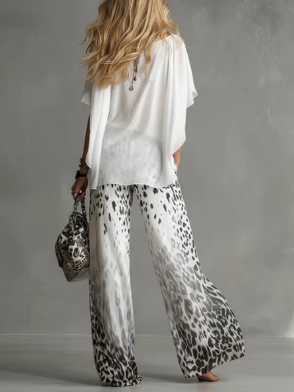 Monica | Ensemble Top Col Bateau et Pantalon en Mousseline à Imprimé Léopard Dégradé