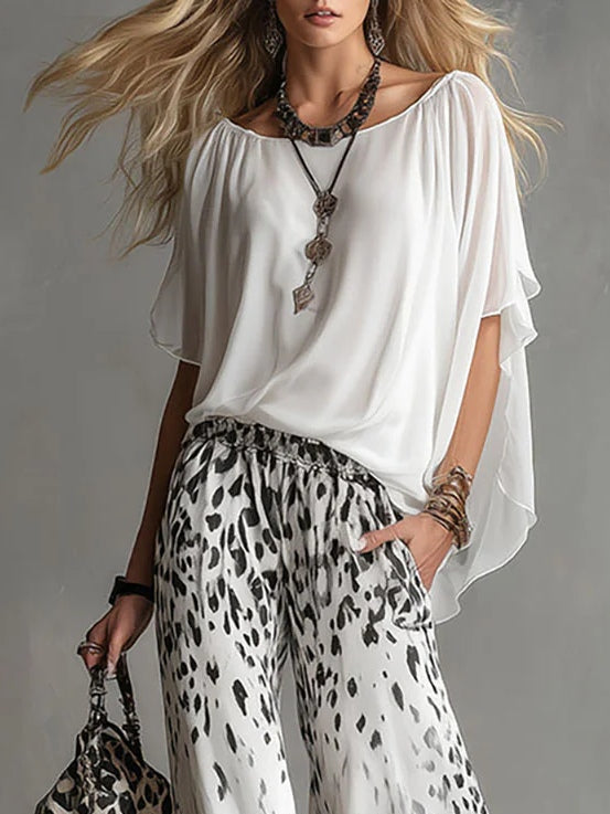 Monica | Ensemble Top Col Bateau et Pantalon en Mousseline à Imprimé Léopard Dégradé