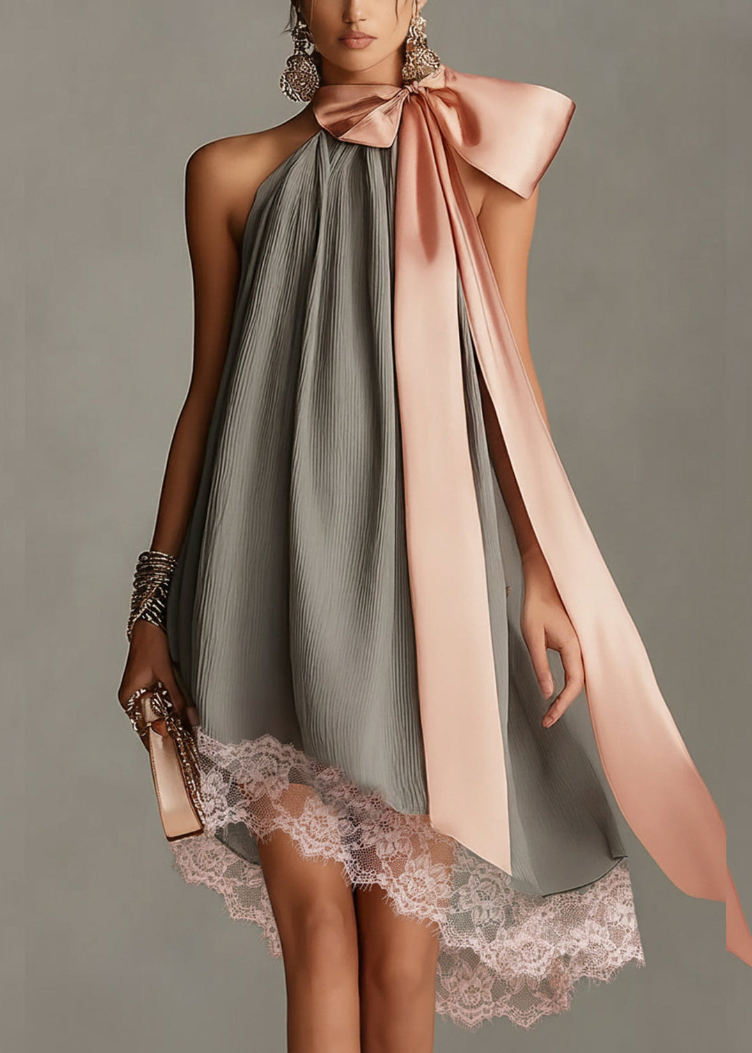 Beatrice - Mini robe grise en satin à nœud rose et dentelle