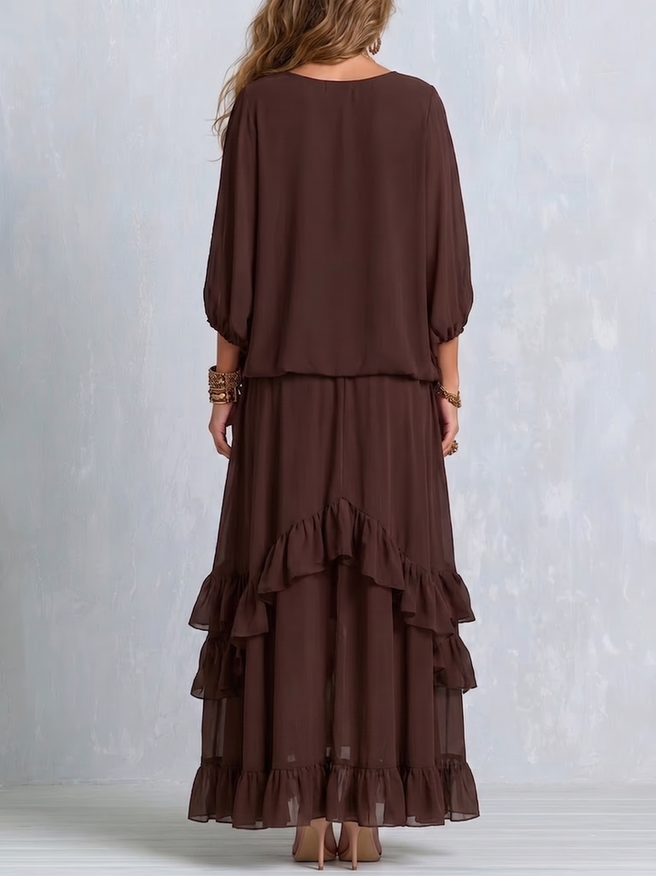 Ensemble Haut Col en V à Cordon et Pompons en Mousseline Marron avec Jupe à Volants Superposés