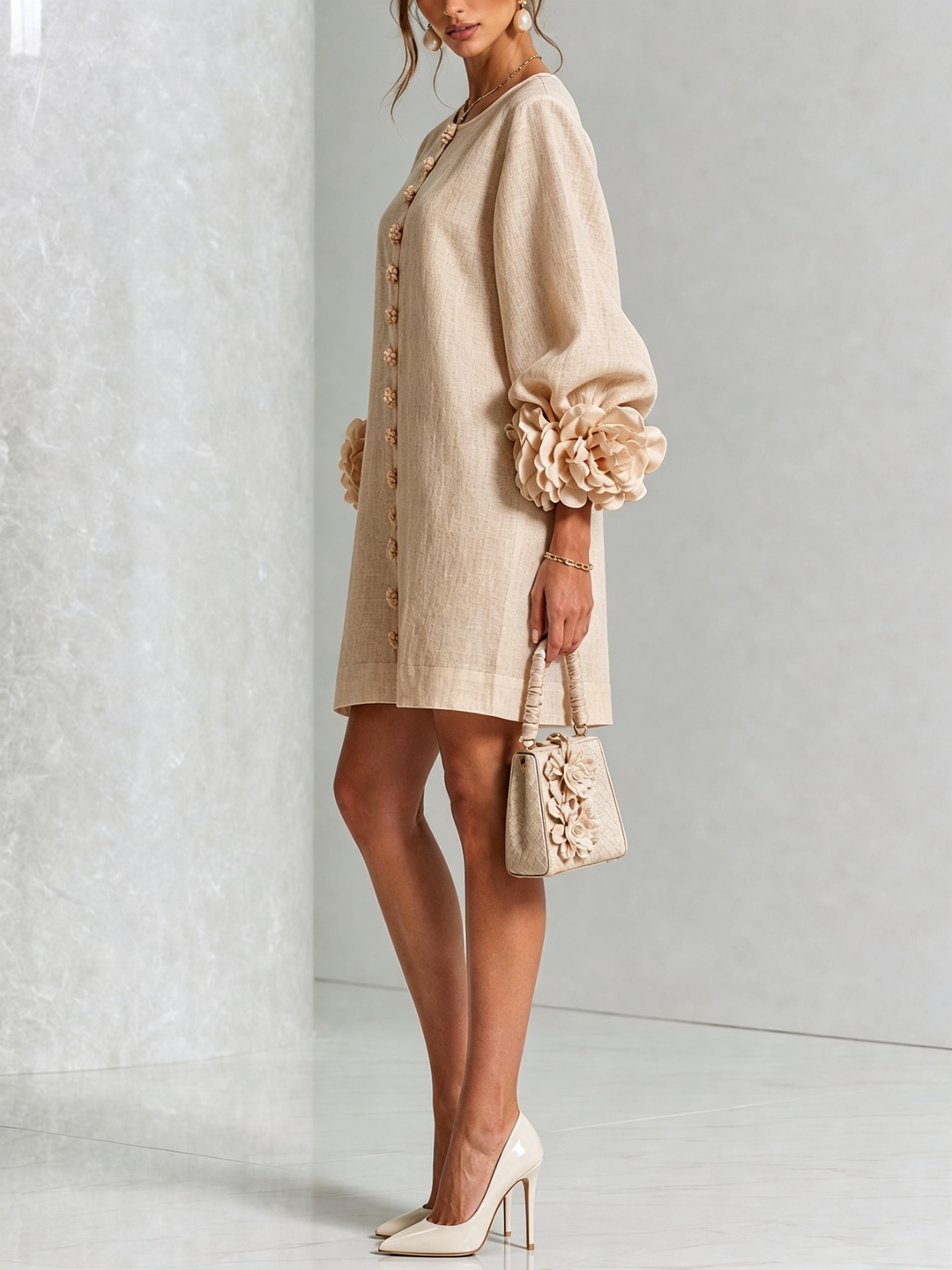 Robe Courte Boutonnée Fleurie aux Manchettes Florales Spectaculaires