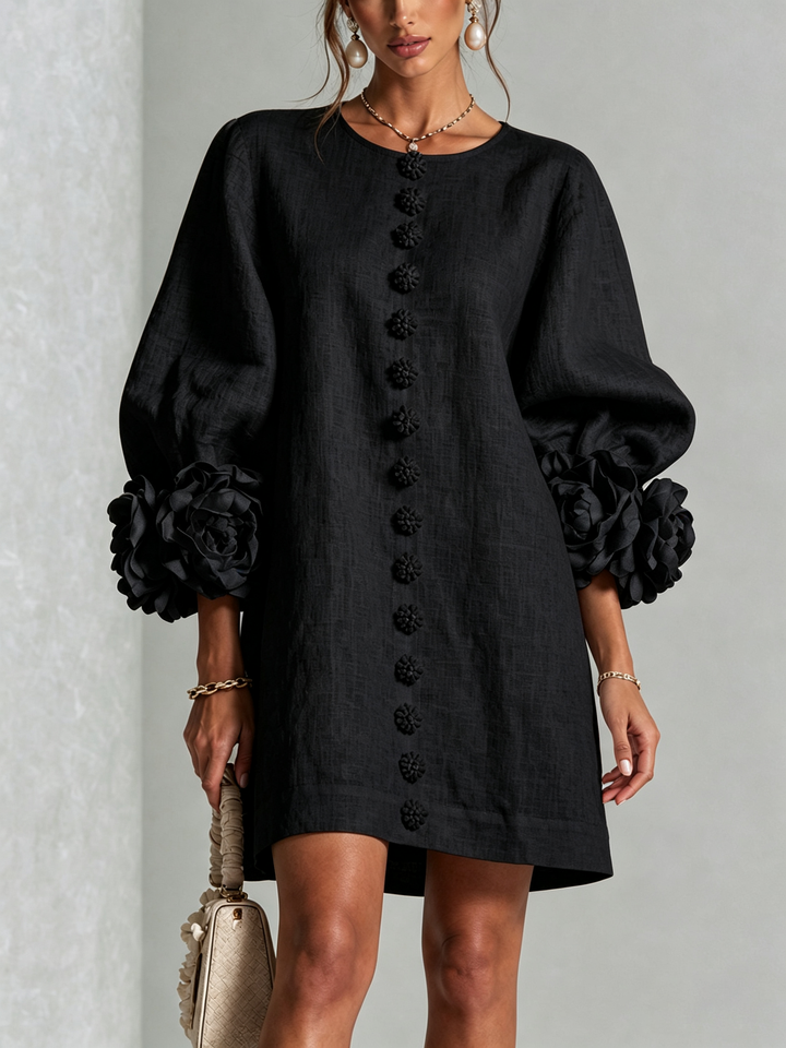 Robe Courte Boutonnée Fleurie aux Manchettes Florales Spectaculaires