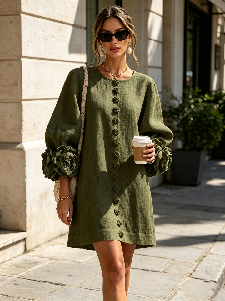 Robe Mini Chemise Fleurie Vert Olive à Poignets Fleuris Extravagants