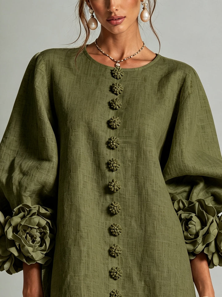 Robe Mini Chemise Fleurie Vert Olive à Poignets Fleuris Extravagants