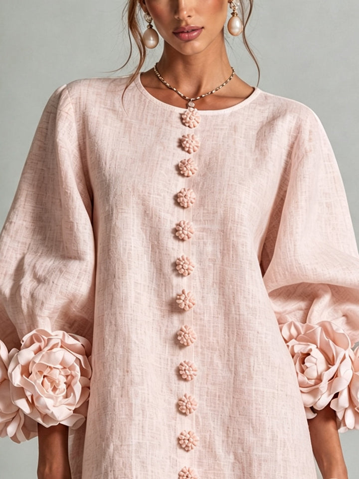 Robe Mini Fleurie Rose à Boutons avec Manches Fleuries Surprenantes
