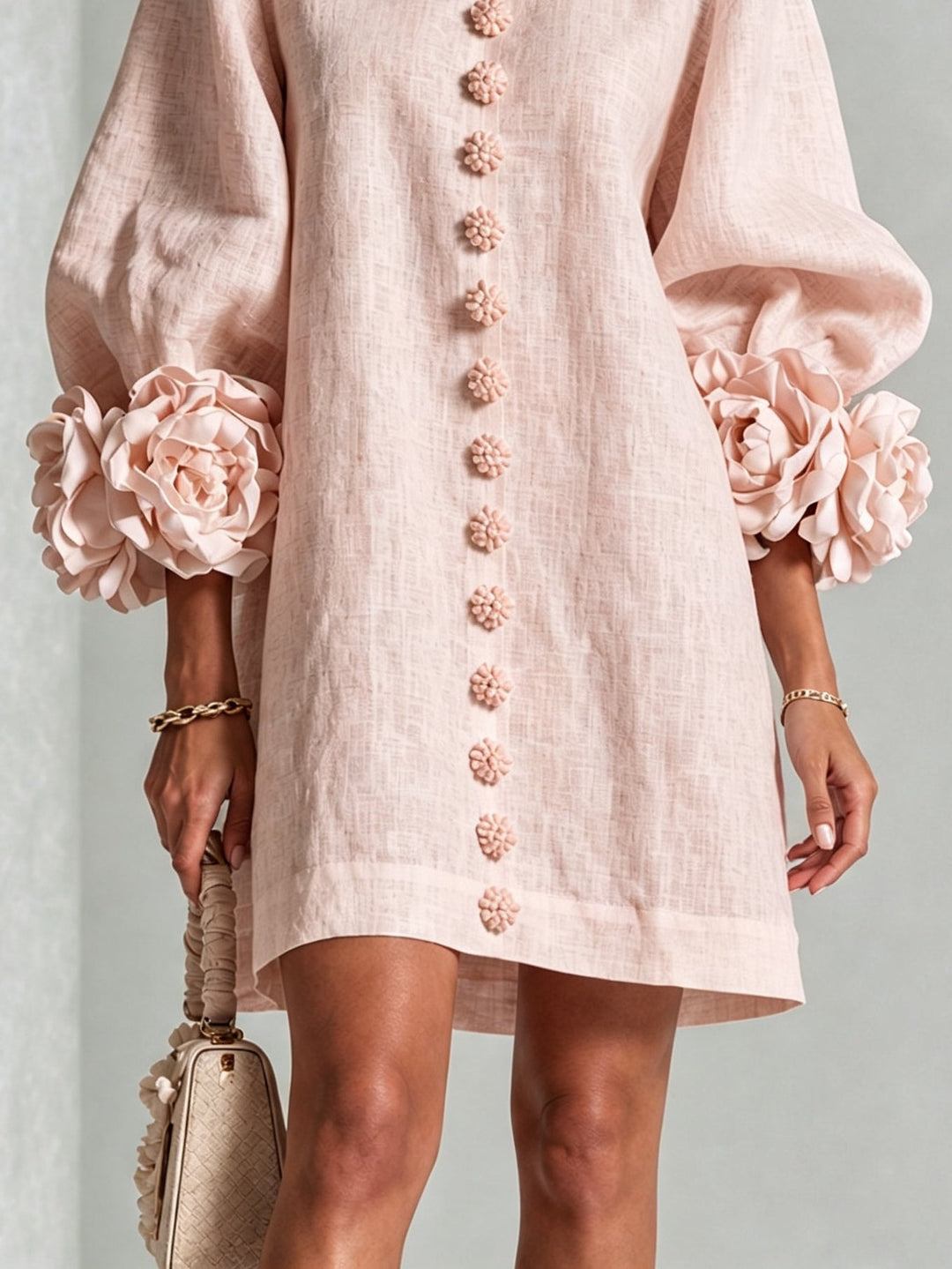 Robe Mini Fleurie Rose à Boutons avec Manches Fleuries Surprenantes