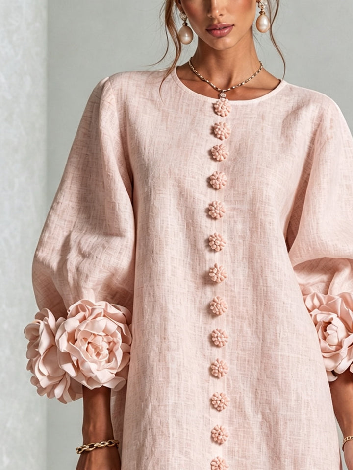 Robe Mini Fleurie Rose à Boutons avec Manches Fleuries Surprenantes