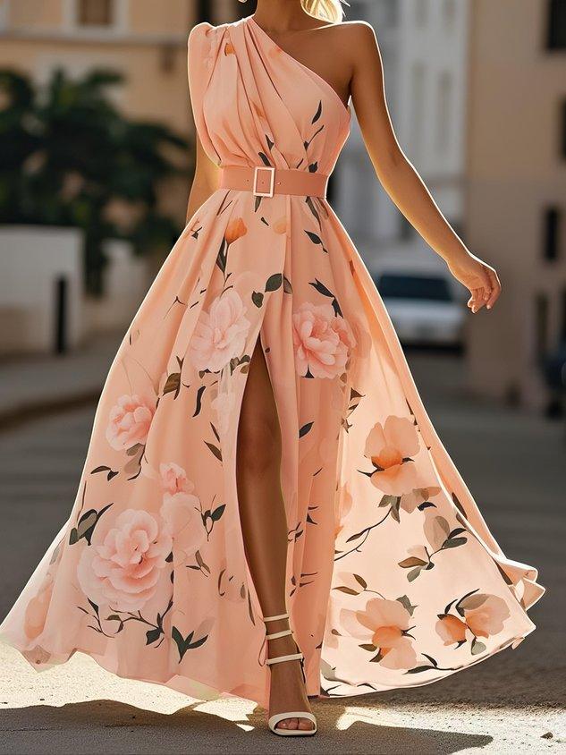 Julie | Robe Maxi Chiffon Florale à Épaules Dégagées Vert Clair
