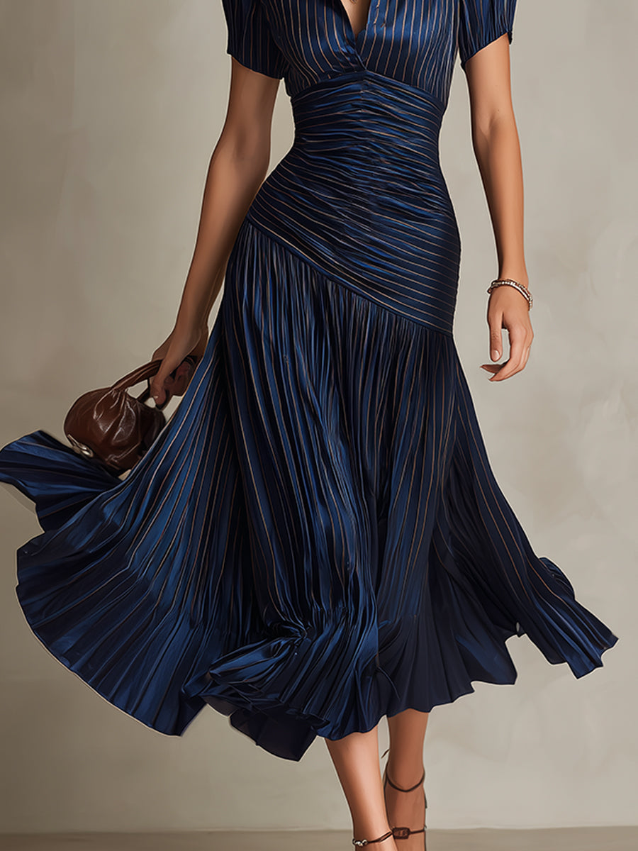 Adriana | Robe Midi en Satin Rayé Style Rétro
