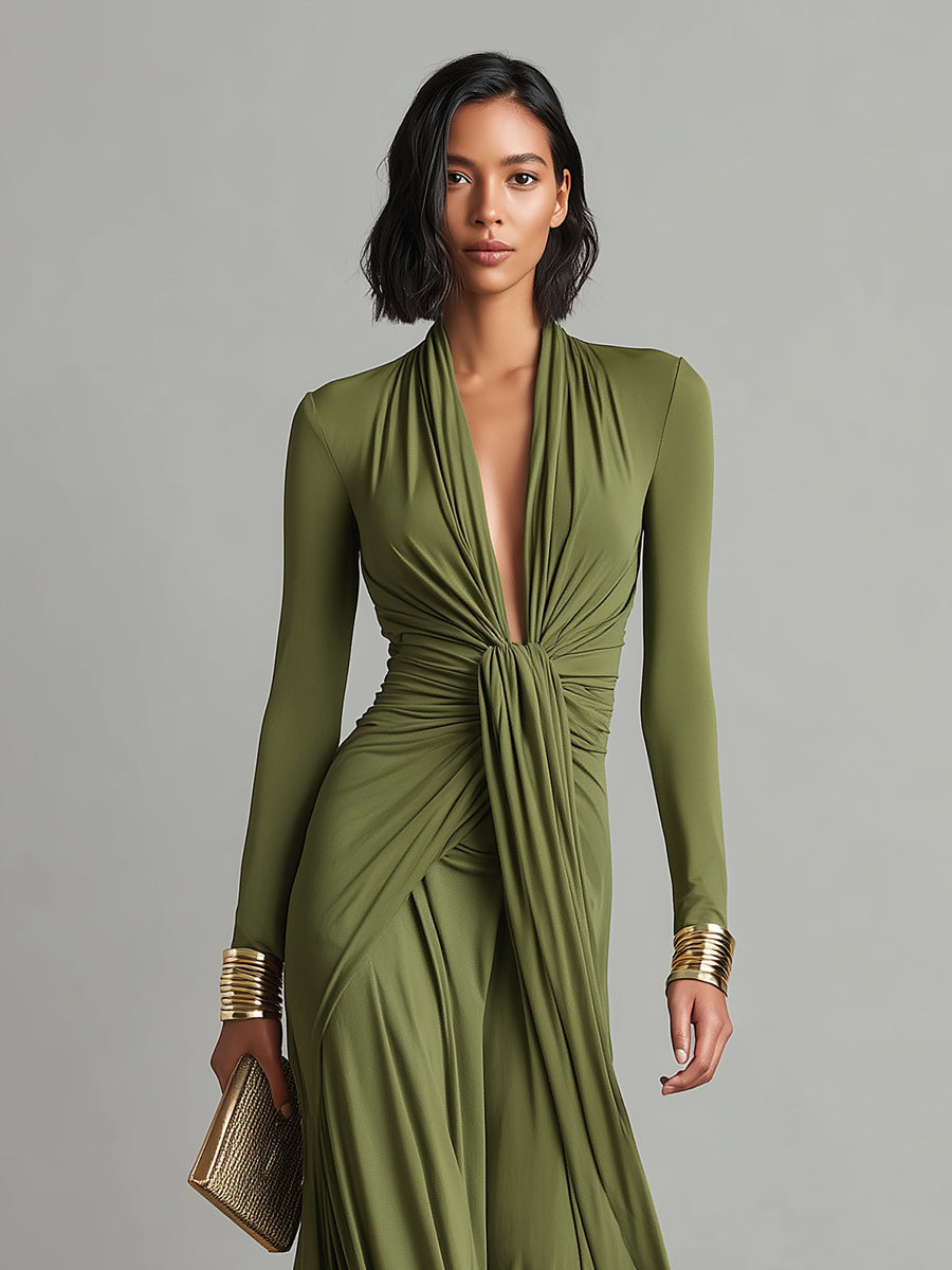 Vittoria - Robe Maxi en Soie Olive à Profond Décolleté en V