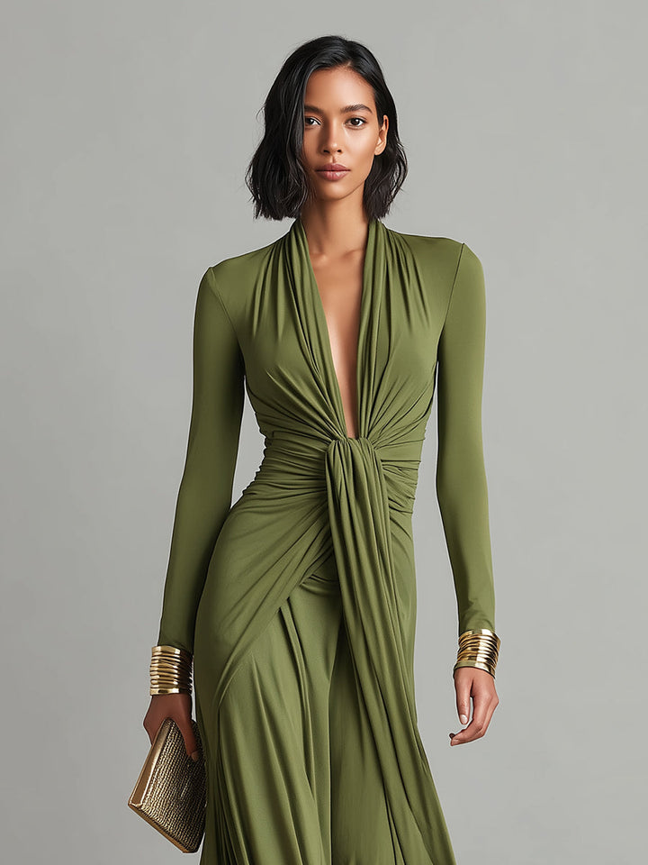 Vittoria - Robe Maxi en Soie Olive à Profond Décolleté en V
