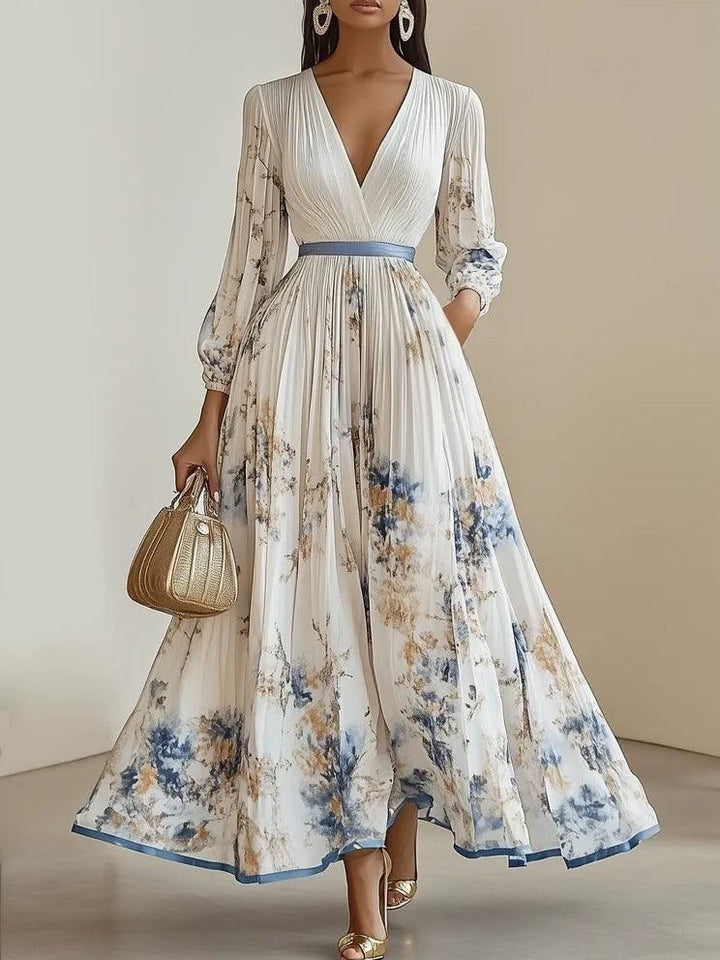 Amalia | Robe Maxi en Chiffon Floral Blanc avec Manches Volumineuses