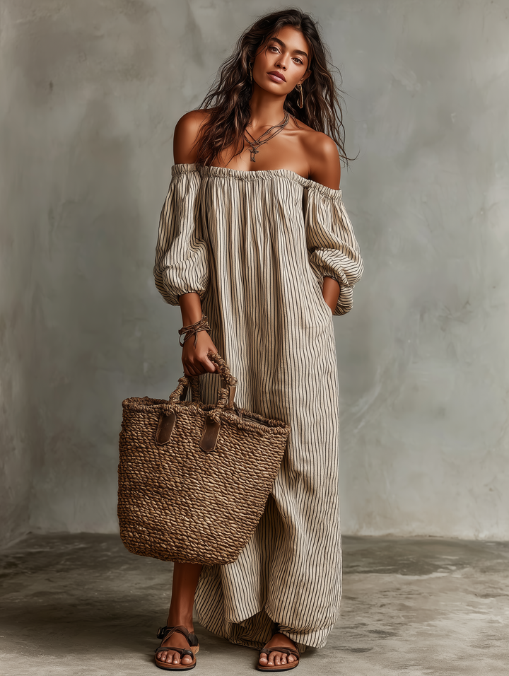 Carmen | Robe Longue en Coton et Lin, Épaules Dénudées