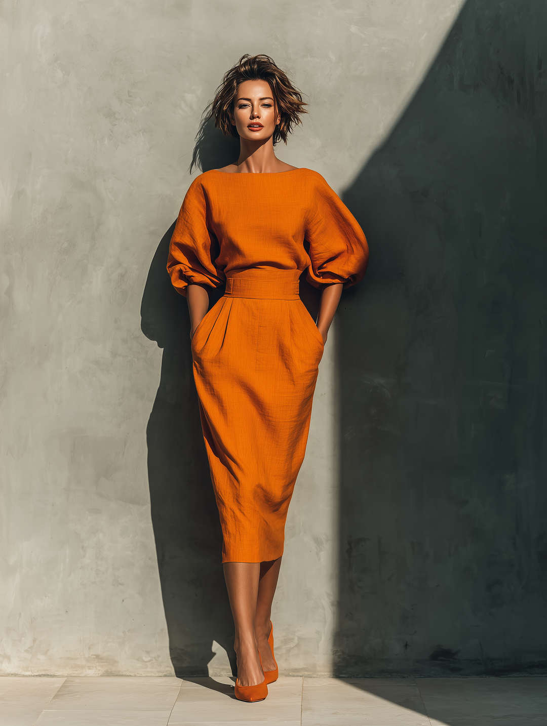 Ensemble Haut Orange Manches Mi-Longues et Jupe Midi