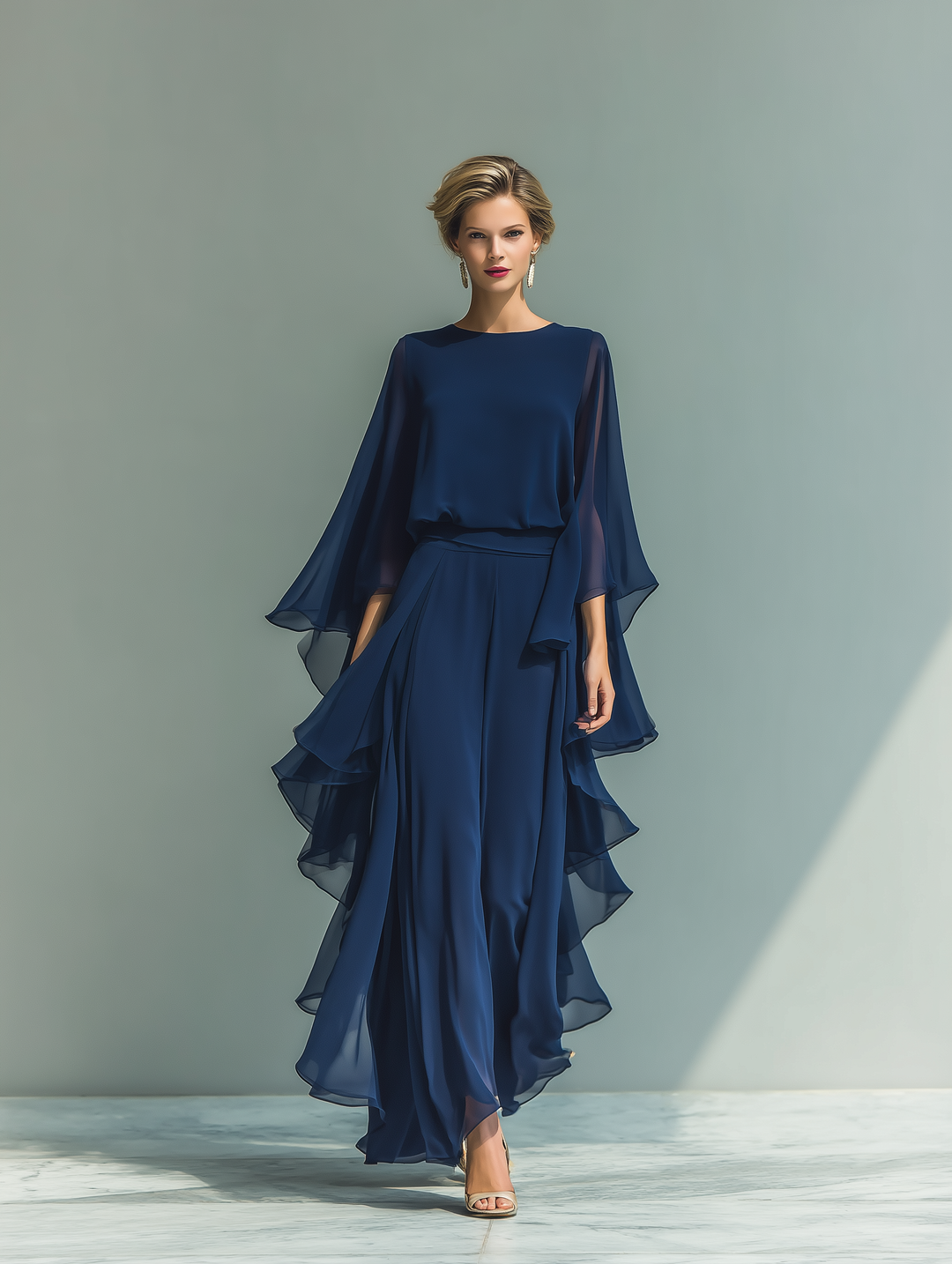 Margherita - Ensemble en Mousseline Bleu Marine à Manches Cloche et Volants