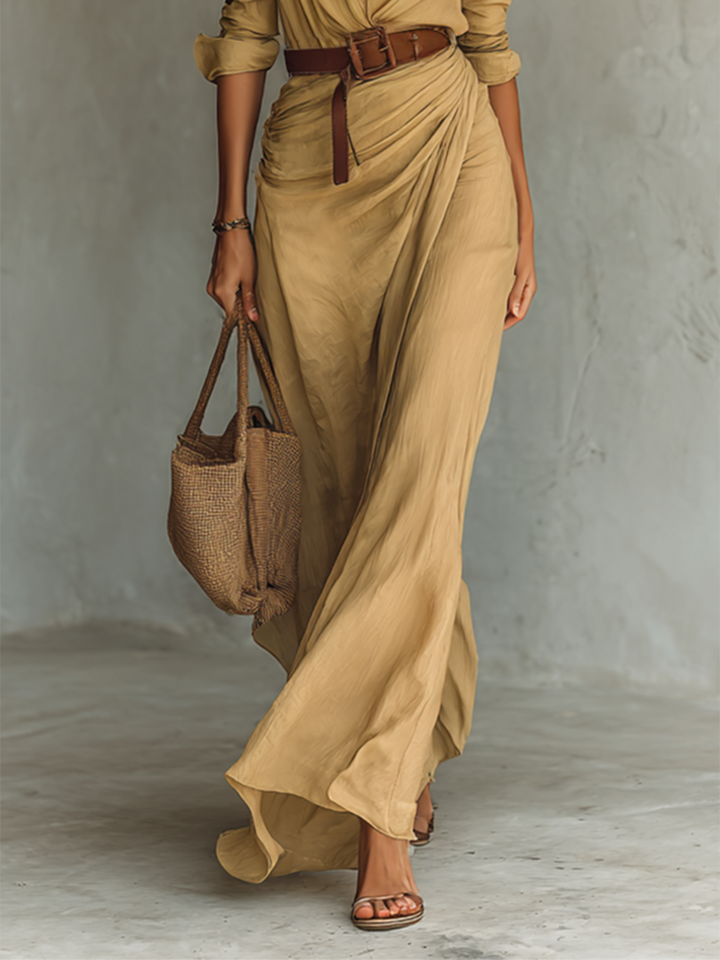 Robe Longue à Col Cranté et Manches Longues pour Femme