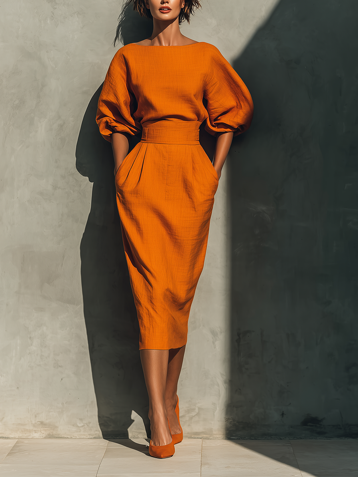 Ensemble Haut Orange Manches Mi-Longues et Jupe Midi